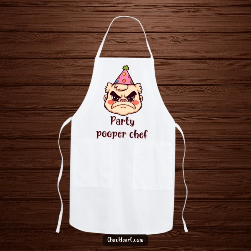 Funny apron featuring a grumpy face with a silly party hat, designed for kitchen protection and ironic amusement.