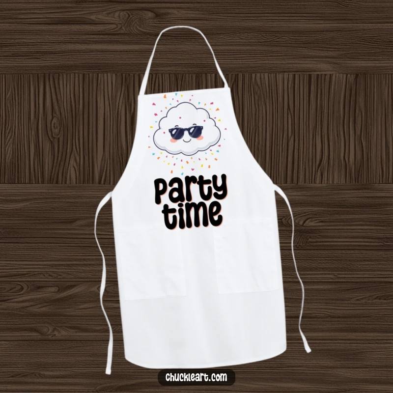 Funny giggling cloud wearing sunglasses, raining confetti, on an apron, showcasing humorous party protection.