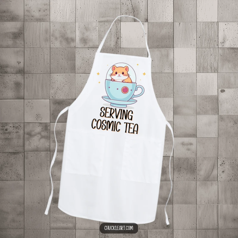 Funny hamster apron showing a hamster piloting a teacup spaceship, perfect for kitchen adventures and adding humor to cooking tasks.
