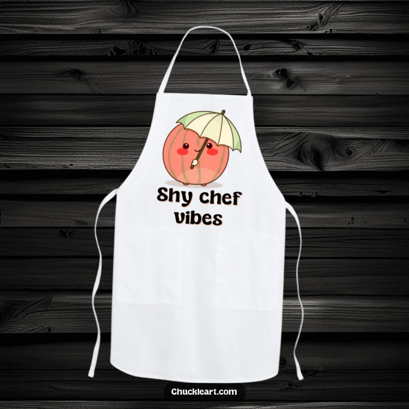 Funny shy watermelon blushing crimson, hiding behind a tiny umbrella, a humorous and practical apron.