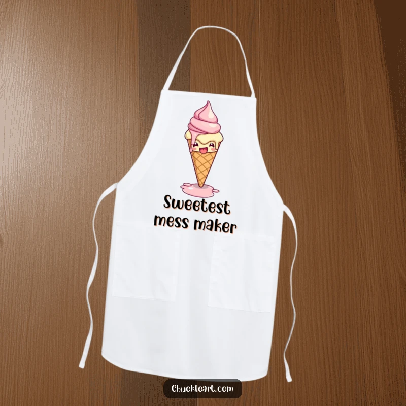 Funny apron illustrating a melting ice cream cone striking a dramatic pose, ideal for kitchen use and adding a humorous touch to cooking.