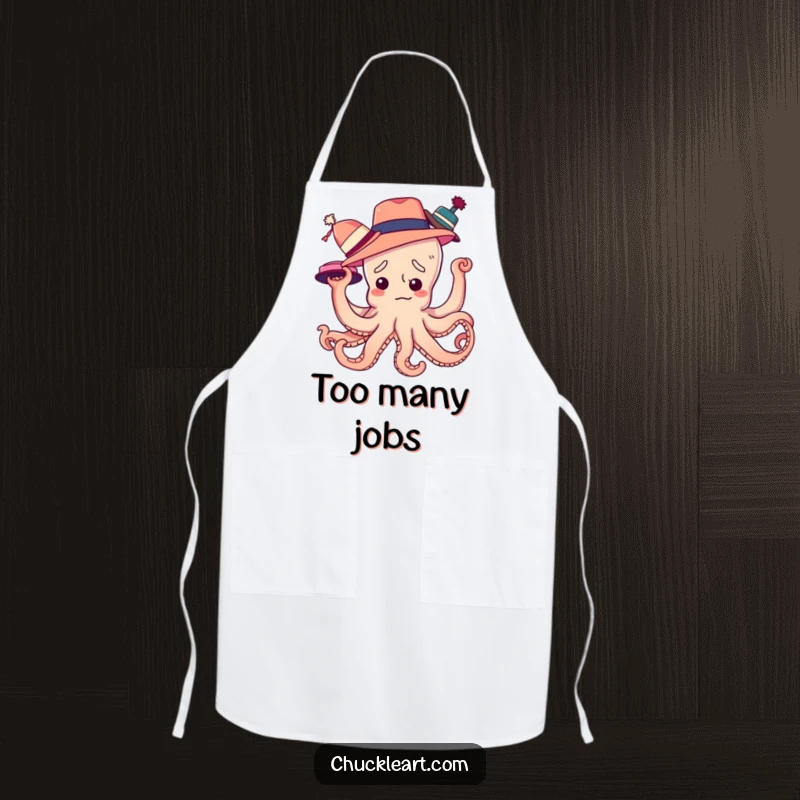Funny apron with a confused octopus entangled in multiple hats, a comical kitchen accessory for those who multitask.