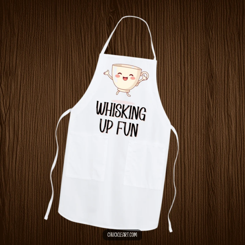 Funny apron featuring a teacup with arms and legs joyfully dancing, adding a cheerful and energetic touch to kitchen activities.
