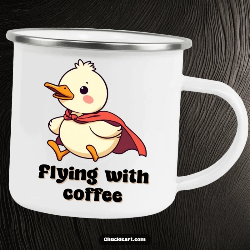 Funny duck superhero camping mug, confident and durable, flying with a tiny cape, a humorous gift for adventurers.