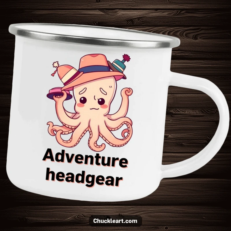 Funny camping mug showing a confused octopus entangled in multiple hats, designed for outdoor enthusiasts who appreciate humor.