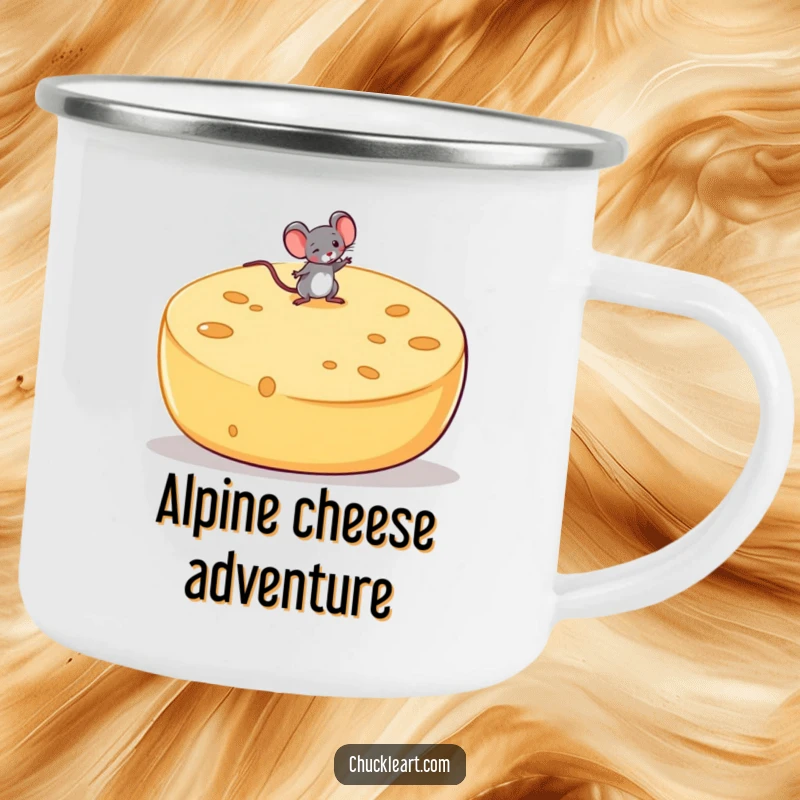 Durable camping mug showcasing a funny mouse bravely balancing on a huge, wobbling cheese wheel, for enjoying drinks outdoors.