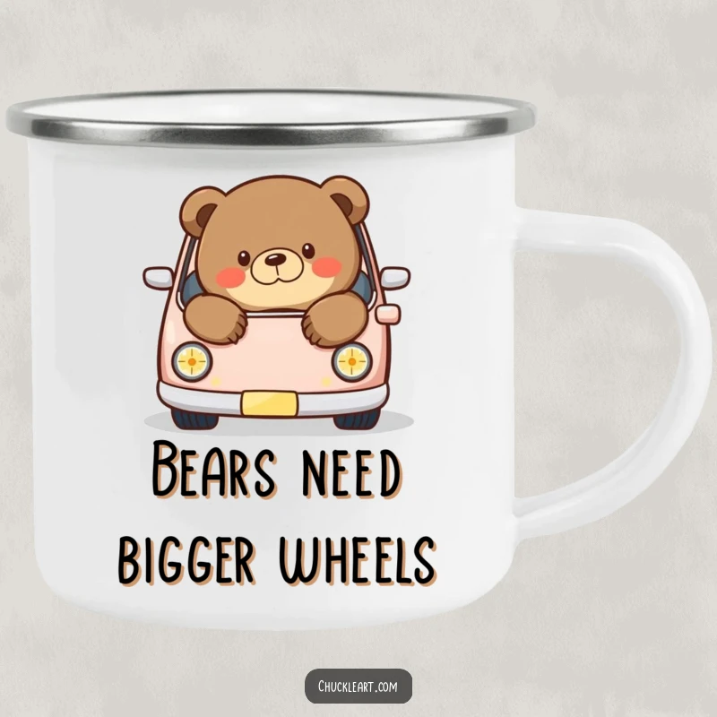 Funny camping mug showing a chubby bear comically spilling out of a miniature car, designed for outdoor enthusiasts with a sense of humor.