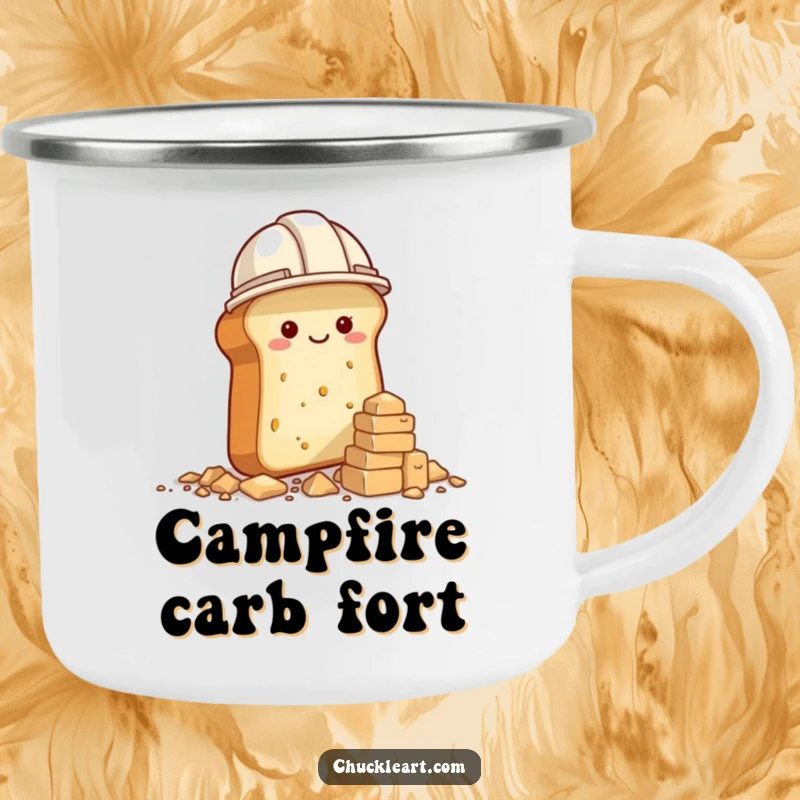 Funny camping mug with a bread loaf in a construction hat building a crumb tower, ideal for outdoor humor.