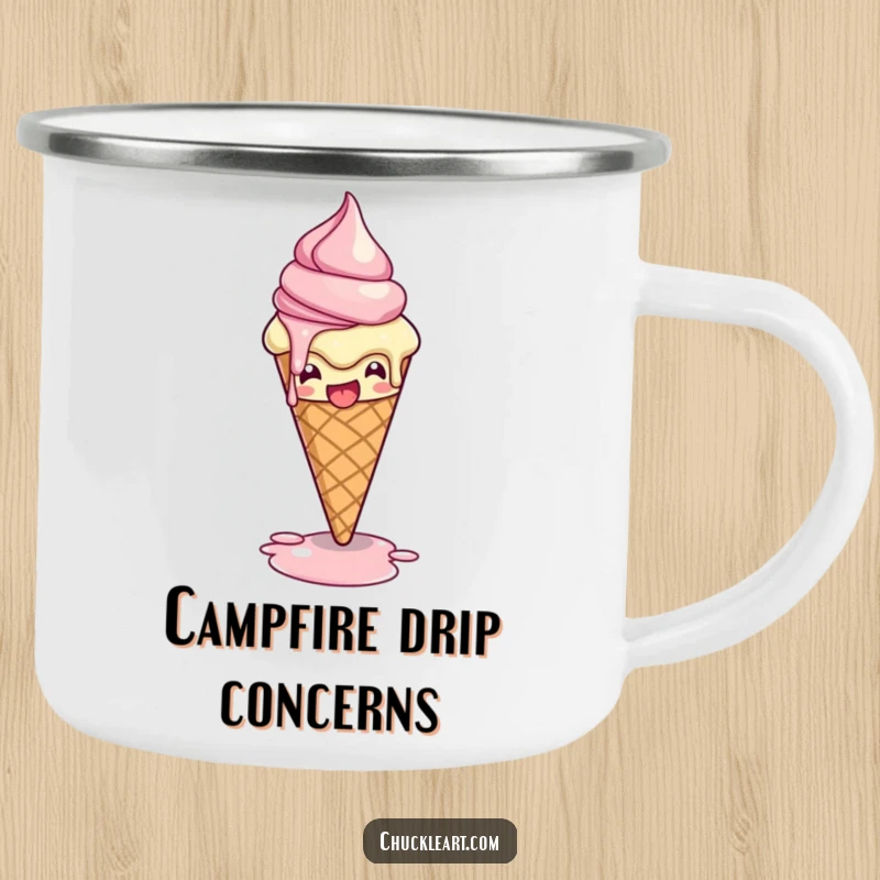 Funny camping mug showing a melting ice cream cone striking a dramatic pose, perfect for outdoor use and adding a humorous twist to trips.