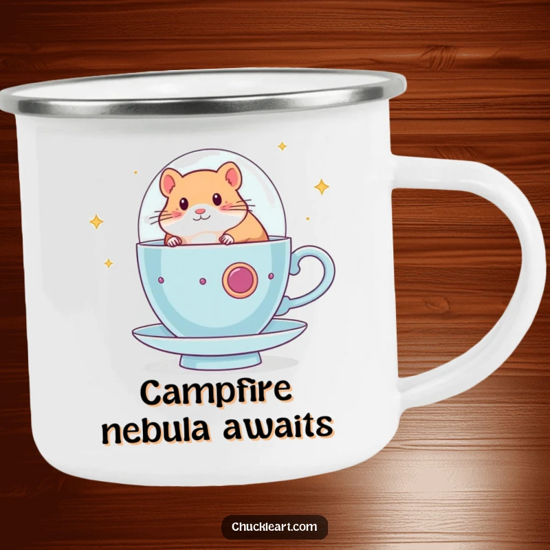 Funny hamster camping mug showing a hamster piloting a teacup spaceship, great for outdoor adventures and humorous astronomical sipping.