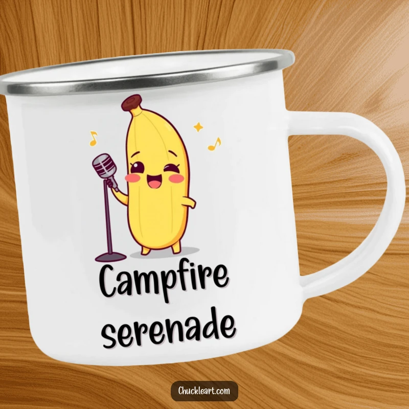 Funny camping mug showing a happy banana in a bow tie, dramatically singing opera.