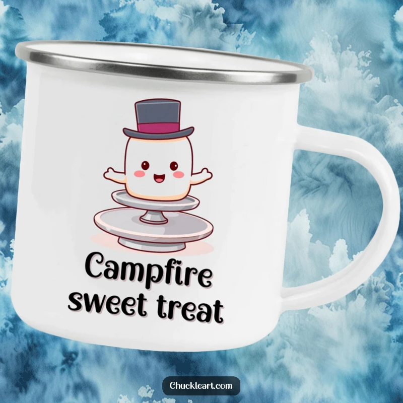 Funny marshmallow wearing a top hat balances on a spinning plate, a durable and humorous camping mug.