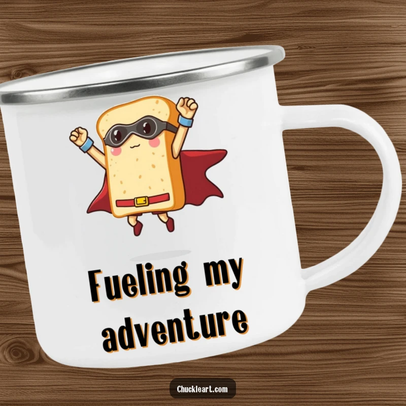 Funny loaf of bread as a superhero striking a triumphant pose mid-air, a durable and humorous camping mug for food lovers.