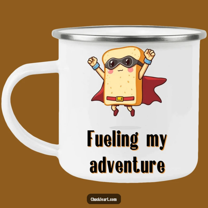Funny Bread Superhero Camping Mug: Triumphant Loaf Pose, Hilarious Outdoor Foodie Gift