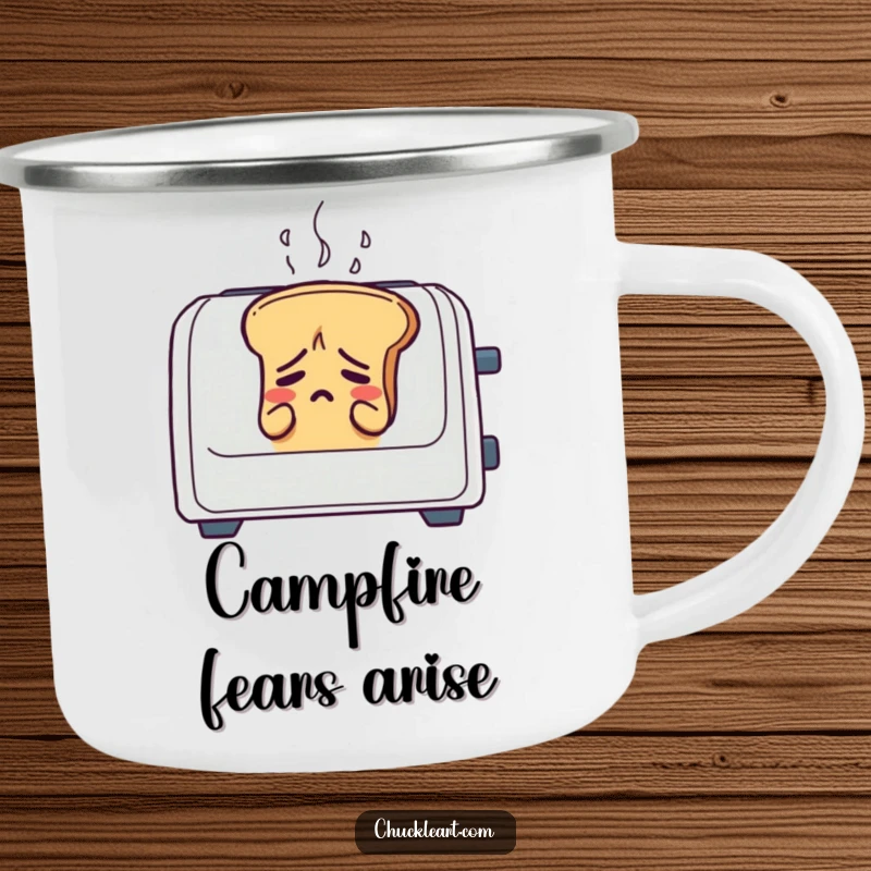 Funny bread loaf sweating in a toaster, on a camp mug, for enjoying coffee with humor.