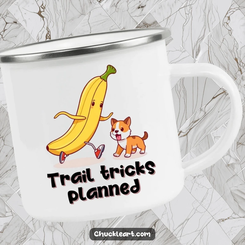 Funny banana peel in tiny shoes attempting to trip a dog, on a camp mug for outdoor humor.