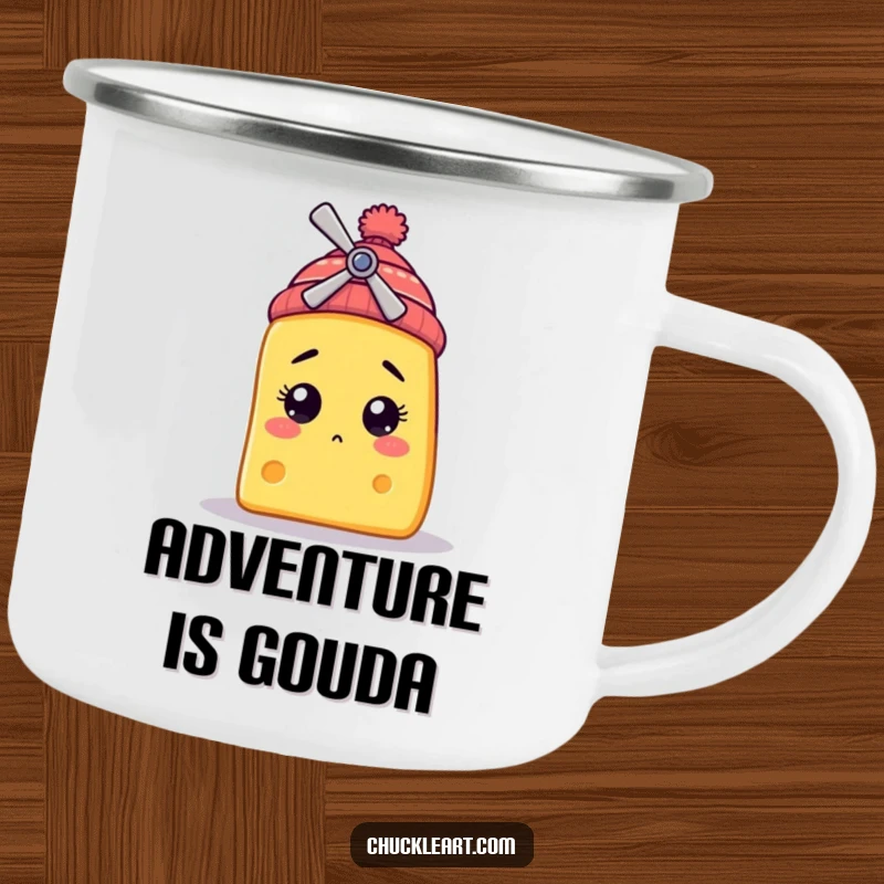 Funny camping mug featuring a bewildered cheese slice character wearing a tiny propeller beanie, perfect for outdoor fun and laughs.