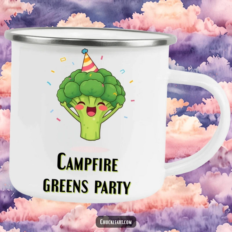 Funny broccoli camping mug showing a happy broccoli in a party hat with confetti, suited for outdoor enjoyment.