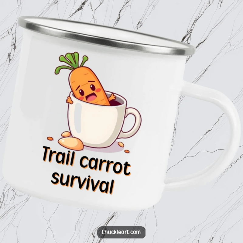 Funny camping mug showing a determined carrot digging its way out of a coffee mug, perfect for outdoor use and adding a humorous twist.