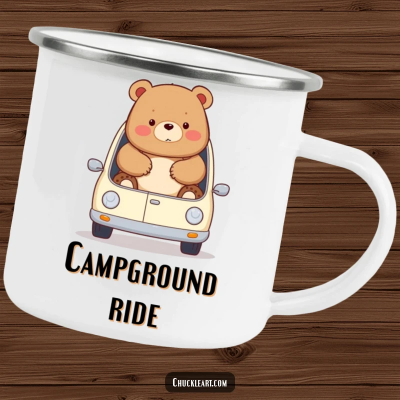 Funny chubby bear comically trying to fit in a tiny car, spilling out, on a durable camping mug, great for a funny gift.