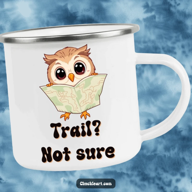 Funny camping mug showing a clumsy owl with wide eyes, bewilderedly trying to read a map upside down.