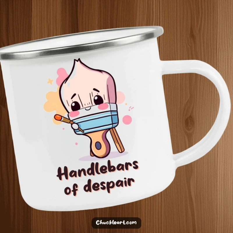 Funny camping mug with a clumsy paintbrush trying to paint its own handle, for outdoor artists.
