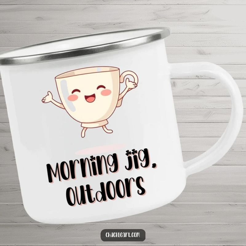 Funny camping mug showing a teacup with arms and legs joyfully dancing, ready for outdoor fun and a warm beverage.