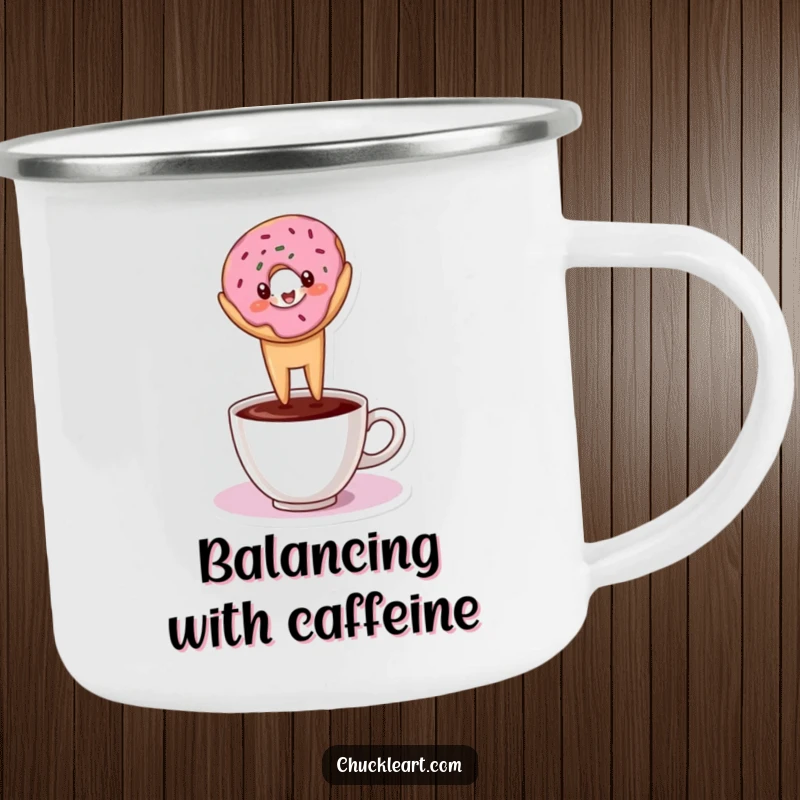 Funny camping mug with a donut in a headstand on a coffee cup, great for outdoor coffee humor.