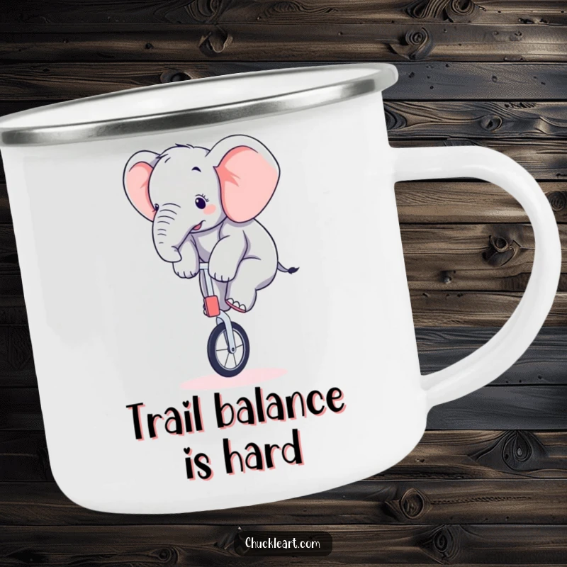 Funny elephant camping mug showing a clumsy baby elephant attempting to ride a unicycle in a wilderness setting.