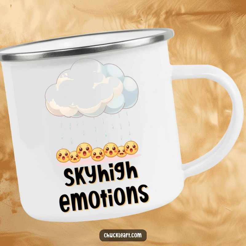 Funny camping mug showing a fluffy cloud accidentally raining down tiny, surprised emoji faces.
