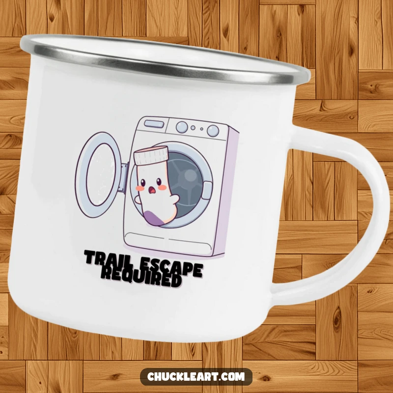 Funny camping mug featuring a startled sock with a hole escaping a washing machine, ideal for outdoor humor.