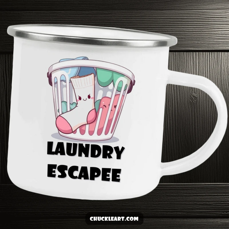Funny determined sock escaping a laundry basket, on a camping mug, for outdoor coffee and chuckles.