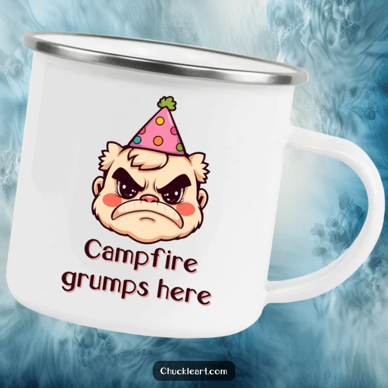 Funny camping mug showing a grumpy face wearing a silly party hat, designed for durability and outdoor amusement.