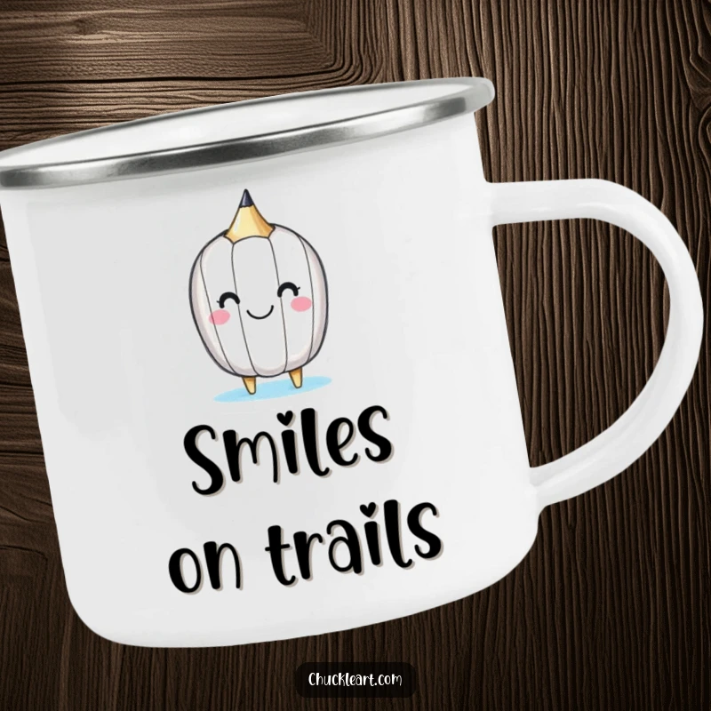 Funny camping mug with a happy little pencil drawing a smiley face on itself, for outdoor enthusiasts.