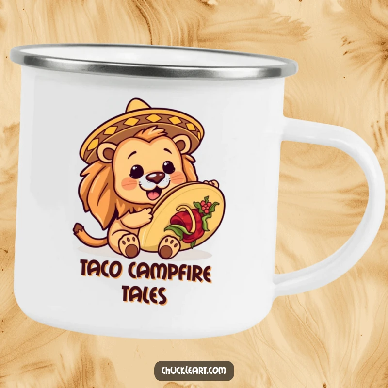 Durable camping mug with a funny lion wearing a small sombrero, trying to eat a massive taco, for sipping drinks outdoors.