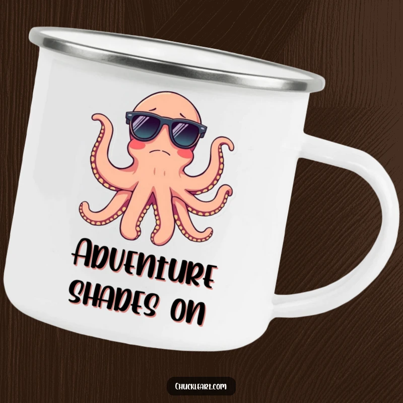 Funny octopus wearing sunglasses on all tentacles, on a camp mug, for enjoying drinks with humor.