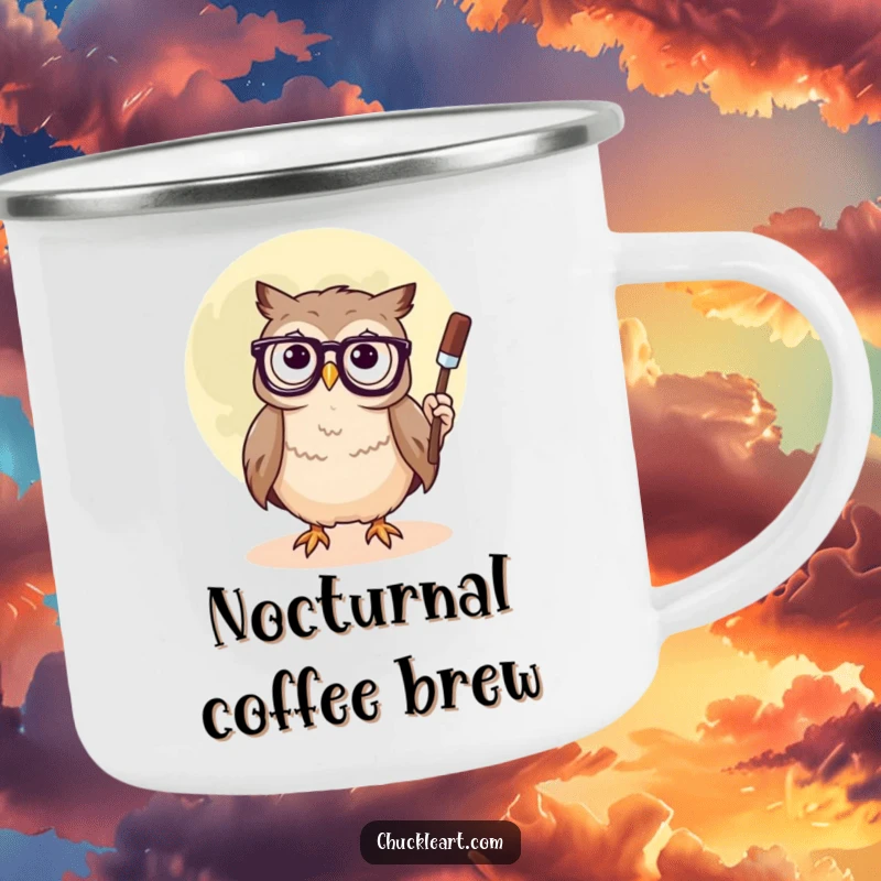 Funny camping mug with a confused owl wearing glasses, painting a smiley face on the moon, ready for outdoor inspiration.