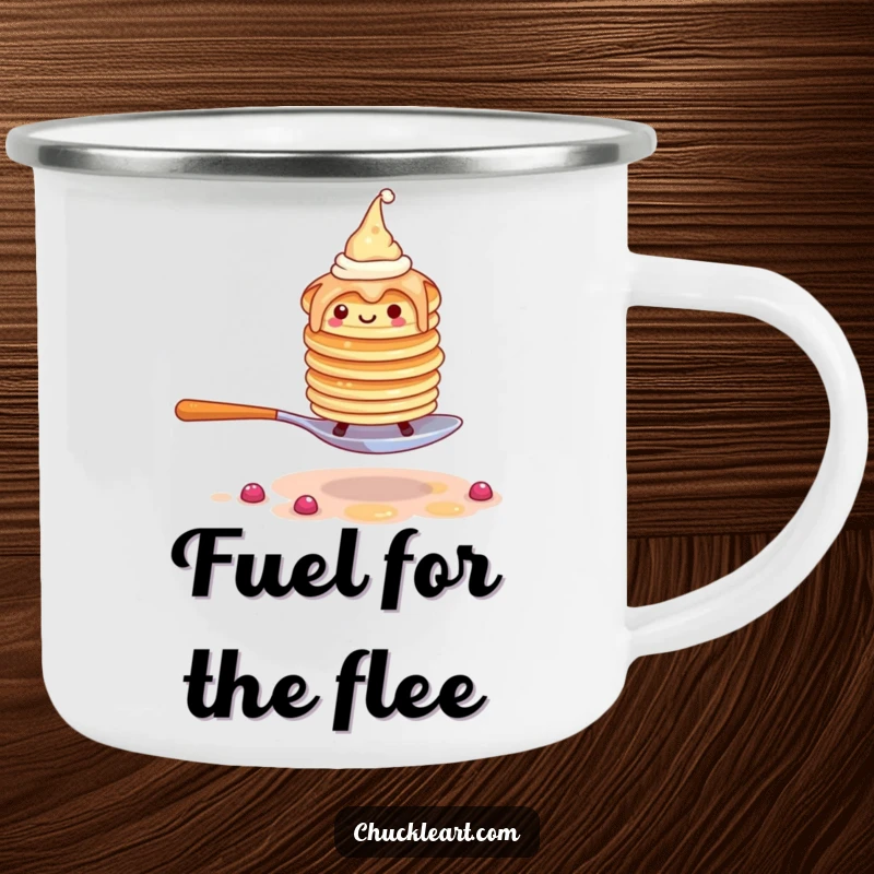 Funny enamel camping mug with a wobbly pancake stack in hats, comically escaping a giant fork, for outdoor fun.