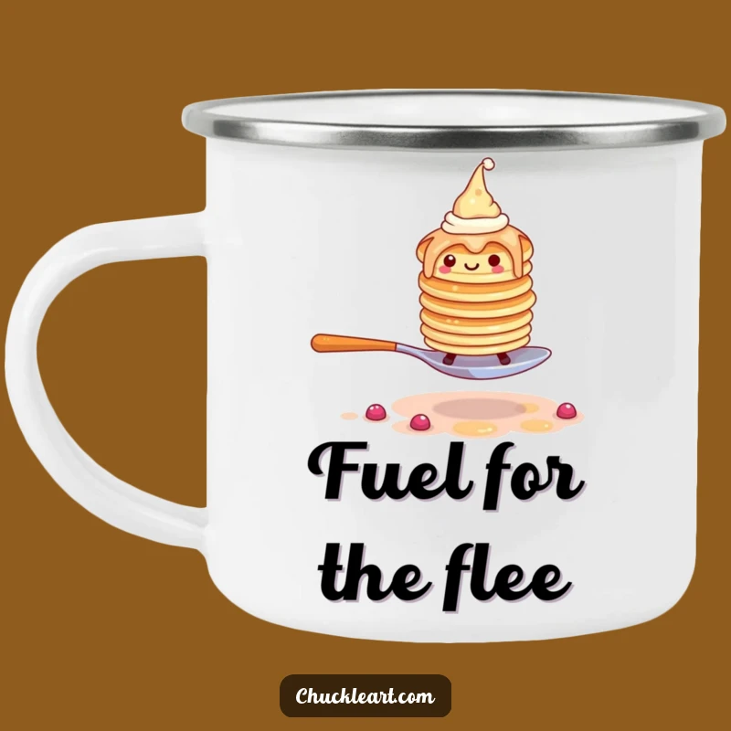 Funny Pancake Escape Camping Mug: Wobbly Stack Flees Fork - Adventurous Funny Gift!