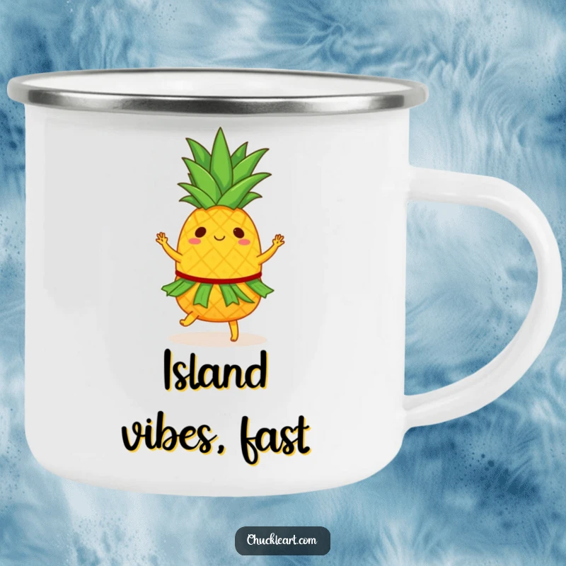 Funny camping mug featuring a dancing pineapple in a hula skirt, spinning with tropical energy for outdoor fun.