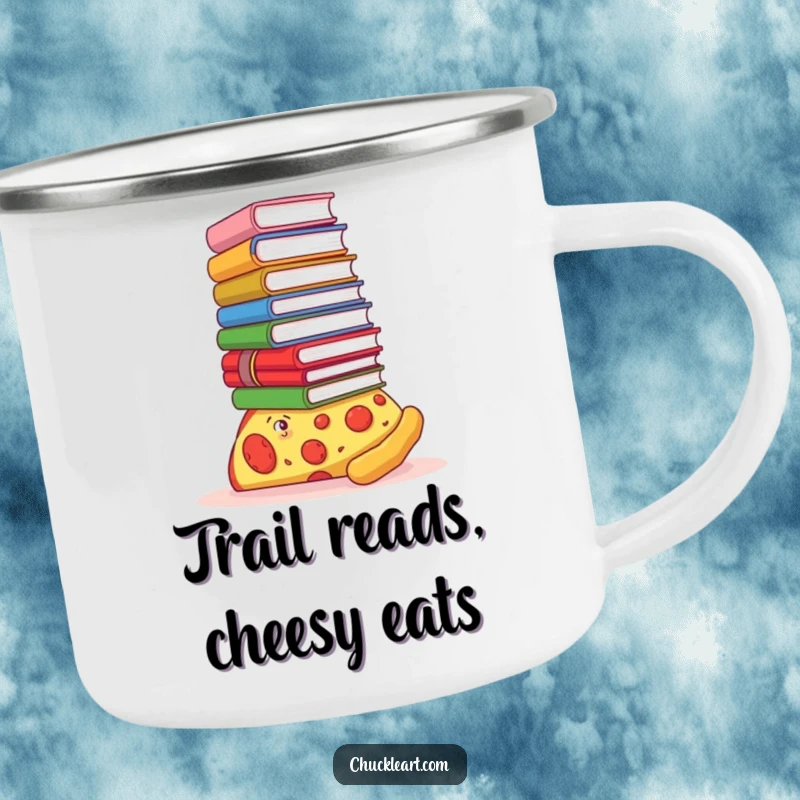 Funny camping mug showing a pizza slice with a stack of books, ready for an outdoor adventure, a humorous take on camping.