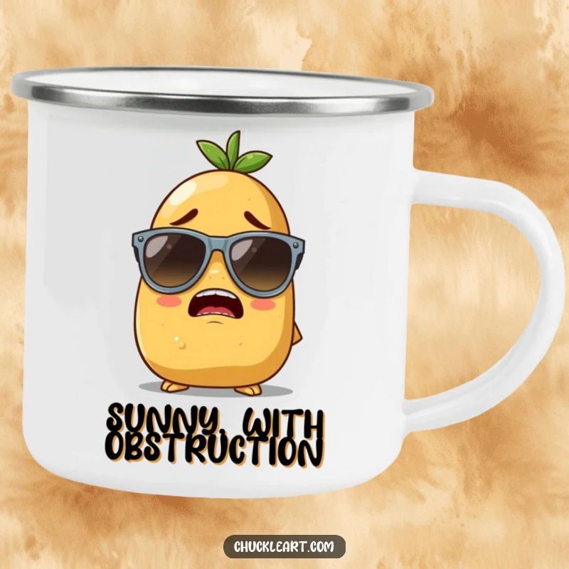 Funny camping mug showing a potato character hilariously trying to wear sunglasses that are too big, ready for outdoor fun.