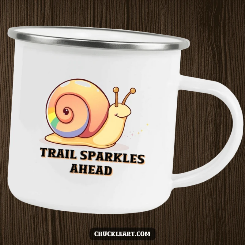 Funny rainbow snail camping mug showing a snail with a rainbow shell leaving a sparkly trail, designed for outdoor use.
