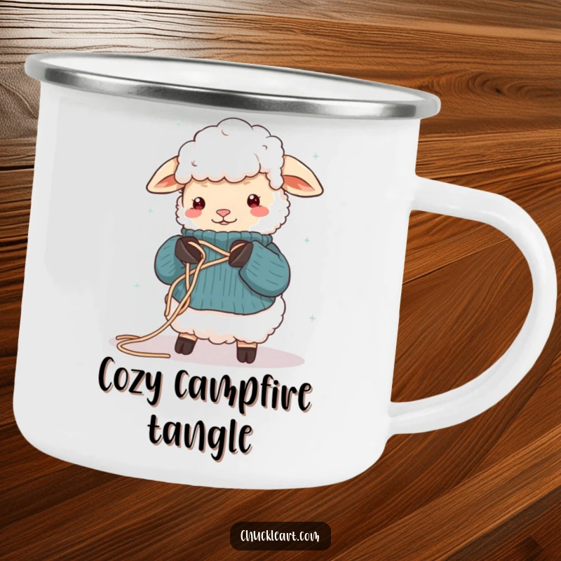 Funny camping mug showing a sheep hilariously tangled in yarn while attempting to knit, designed for outdoor enthusiasts who appreciate humor.