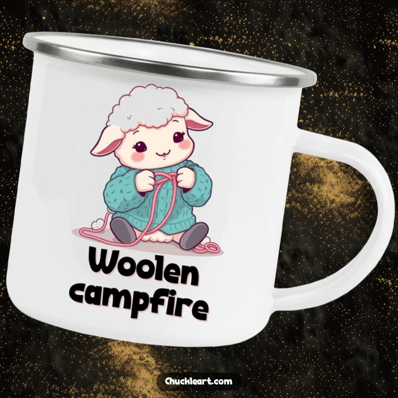 Funny sheep hilariously tangled in wool while attempting to knit, on a durable camping mug, great for a funny gift.