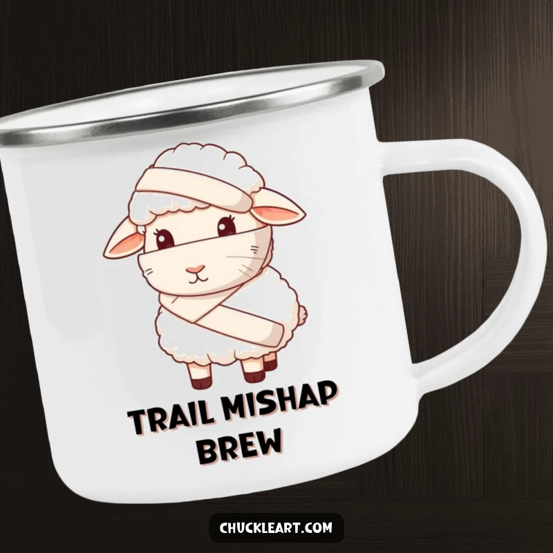 Funny camping mug with a sheep wearing a giant bandage and looking sheepish, for humorous outdoor drinks.