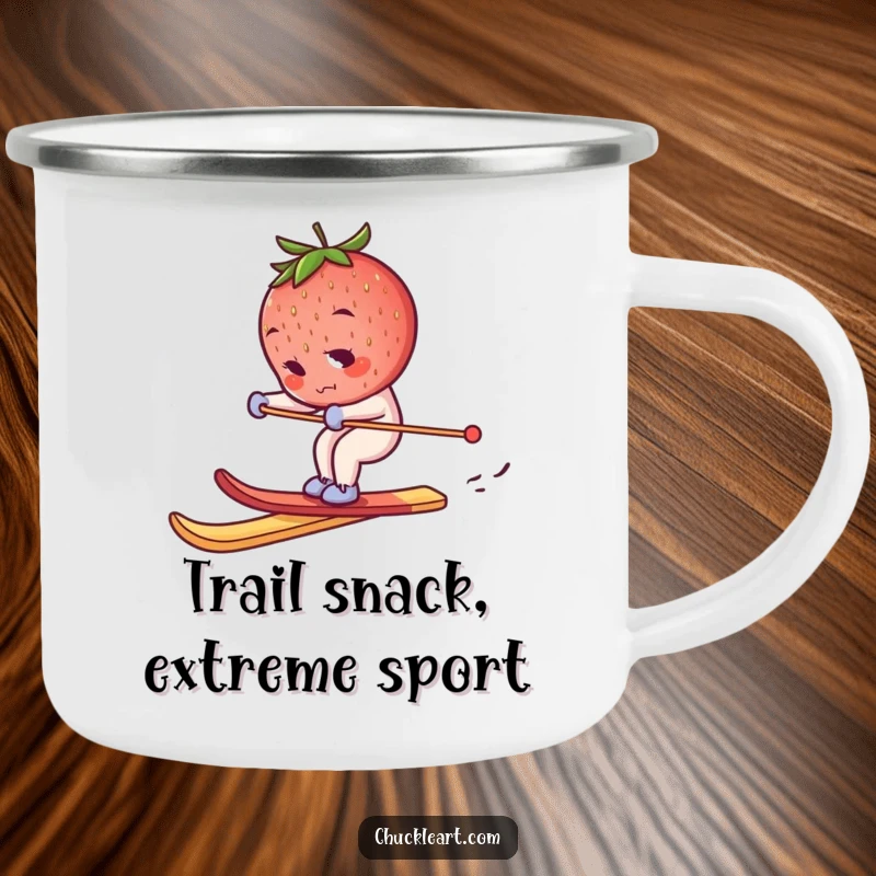 Funny skiing strawberry camping mug, a determined berry on a breadstick ski, perfect for outdoor enjoyment and humorous vibes.