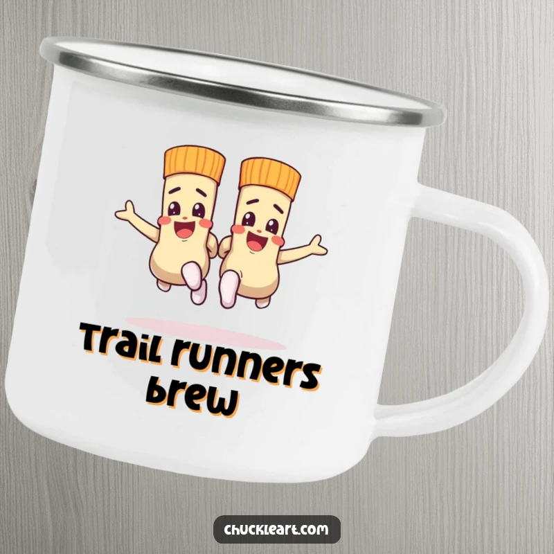 Funny camping mug with socks in a spirited race, for enjoying drinks outdoors humorously.