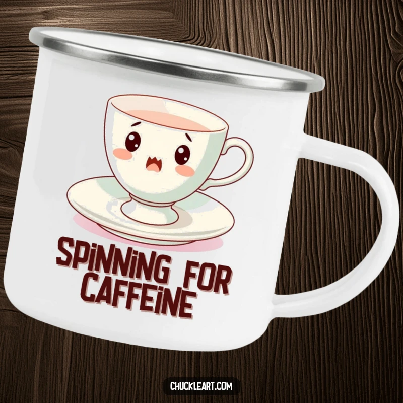 Funny spinning teacup camping mug, a surprised cup mid-whirl on its saucer, perfect for outdoor enjoyment and whimsical vibes.
