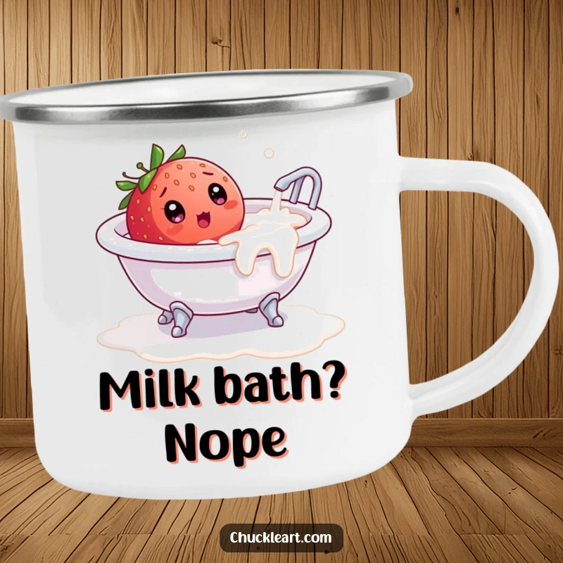 Funny camping mug with a surprised strawberry in an overflowing milk bathtub, for enjoying drinks outdoors humorously.